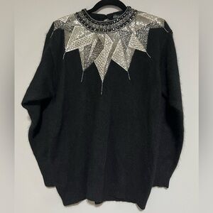 Vintage Diffusion Black Silver Beaded Sweater Size Medium Holiday Party 80s 90s